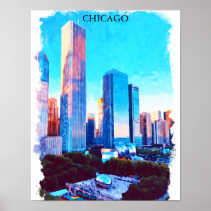 Chicago Illinois Akvarellillustration Poster