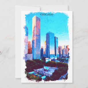 Chicago Illinois Akvarellmålning Illustration Kort