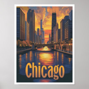 Chicago Illinois Art Vintage resor Illustration Poster