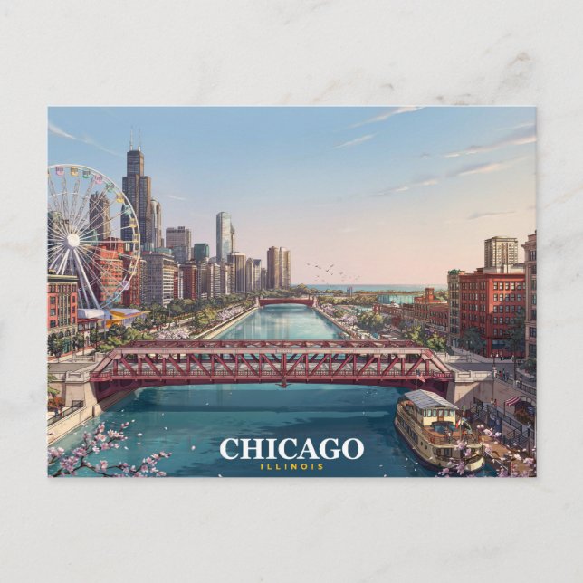 Chicago Illinois | Chicago River Skyline Souvenir Vykort (Framsida)