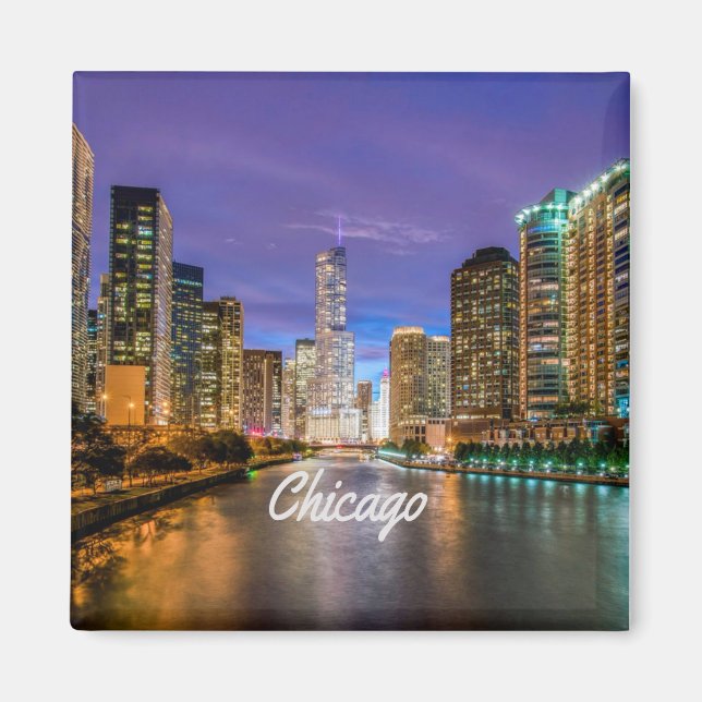 Chicago Illinois City At Night Magnet (Framsidan)