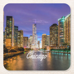 Chicago Illinois City i natt Underlägg Papper Kvadrat
