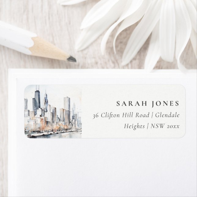 Chicago, Illinois City Scape Watercolor Adress Returadress Etikett (Insitu)