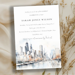 Chicago, Illinois City Scape Watercolor Birthday Inbjudningar