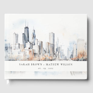 Chicago, Illinois City Scape Watercolor Bröllop Gästböcker