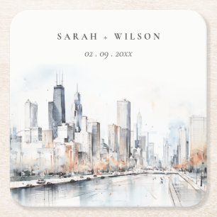 Chicago, Illinois City Scape Watercolor Bröllop Underlägg Papper Kvadrat