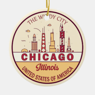 Chicago Illinois City Skyline Emblem Julgransprydnad Keramik