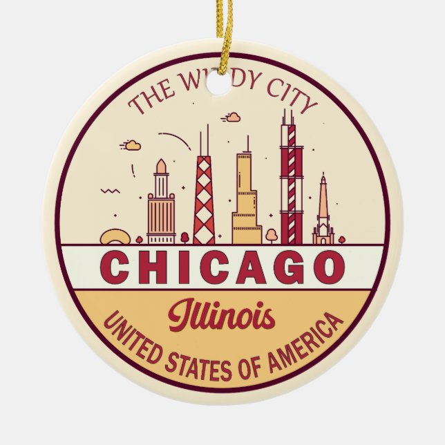 Chicago Illinois City Skyline Emblem Julgransprydnad Keramik (Framsidan)