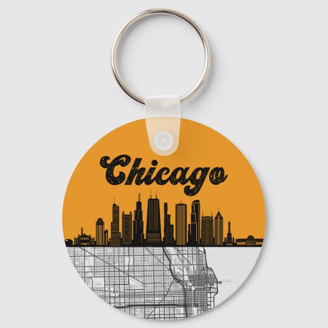 Chicago Illinois City Skyline With Karta Nyckelring (Framsida)