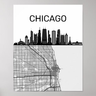 Chicago Illinois City Skyline With Karta Poster