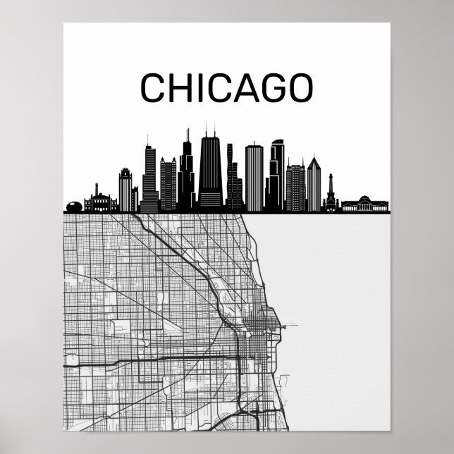 Chicago Illinois City Skyline With Karta Poster (Framsidan)