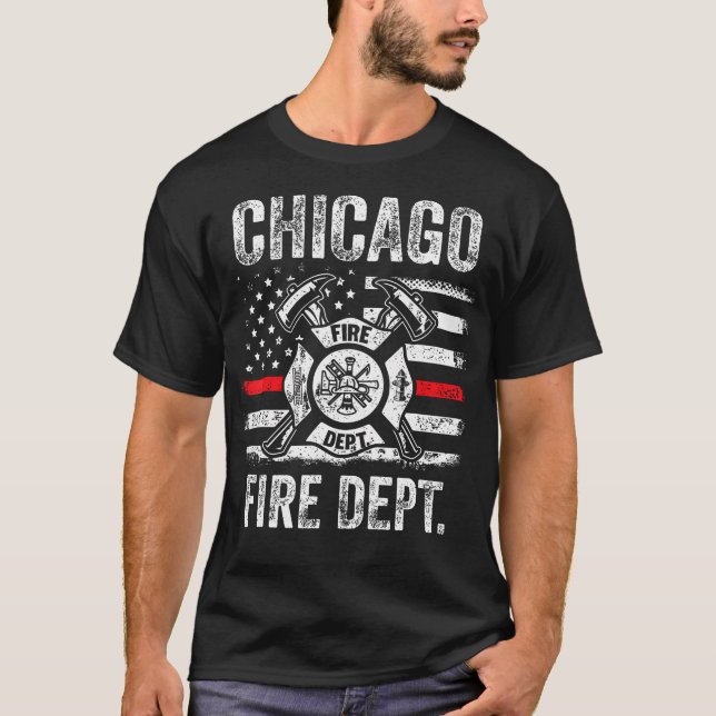 Chicago Illinois Fire Department Thin Red Line Fir T Shirt (Framsida)