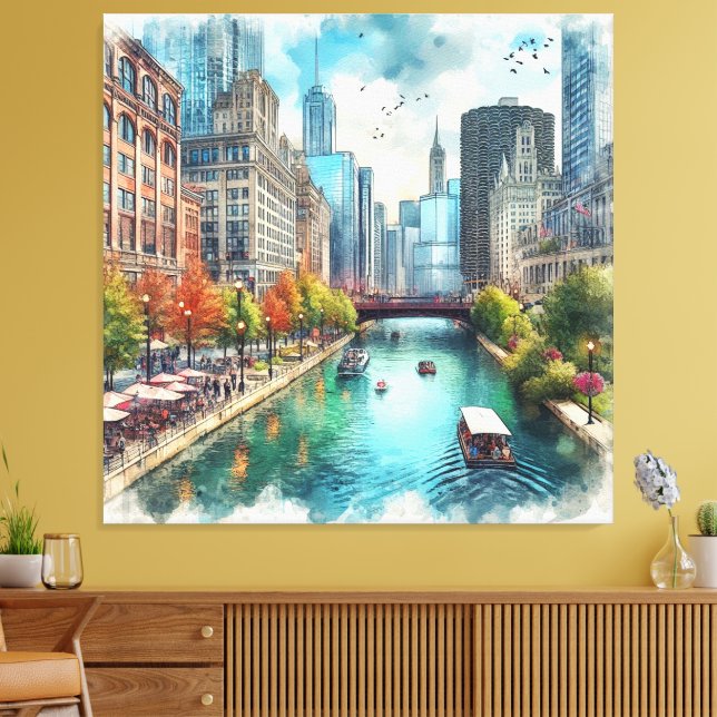 Chicago Illinois Flod Väggkonst  Canvastryck (Insitu (Vardagsrum))
