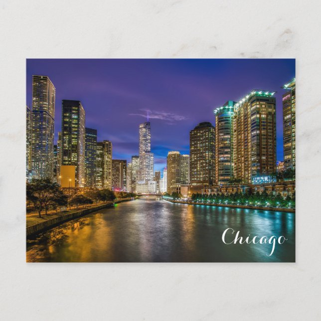 Chicago Illinois Flodskylinje på natten Foto Vykort (Framsida)