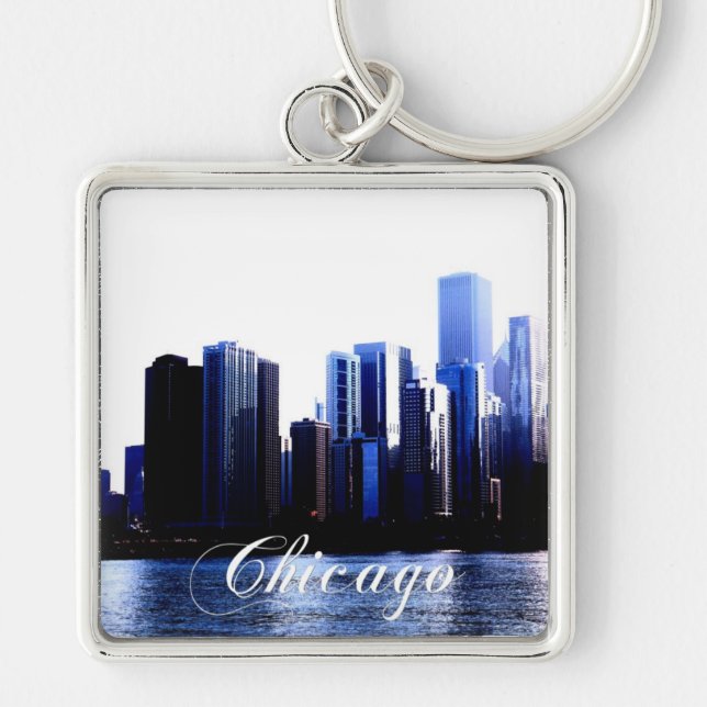 Chicago Illinois Fyrkantig Silverfärgad Nyckelring (Framsidan)