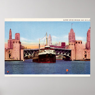 Chicago Illinois Outer Drive Bridge och Skyline Poster
