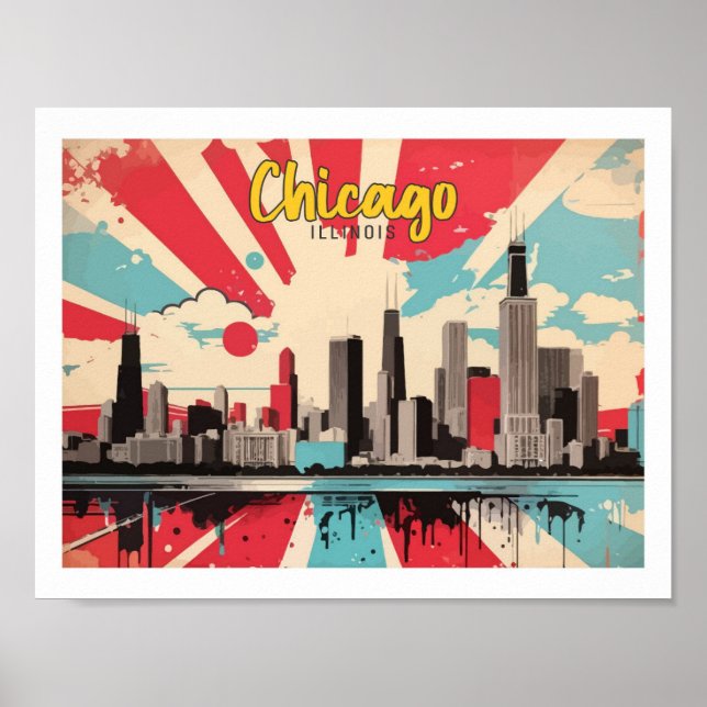 Chicago Illinois Pop Art Travel Illustration Poster (Framsidan)