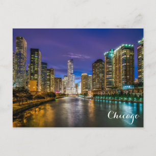 Chicago Illinois River Skyline vid Nattfoto Vykort