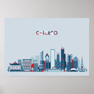 Chicago, Illinois   Röd, vit och blå Skyline Poster