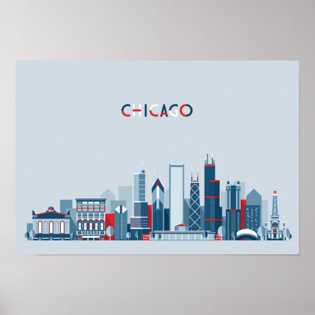 Chicago, Illinois | Röd, vit och blå Skyline Poster (Framsidan)