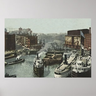 Chicago Illinois rusar gatan på Chicagoet River Poster