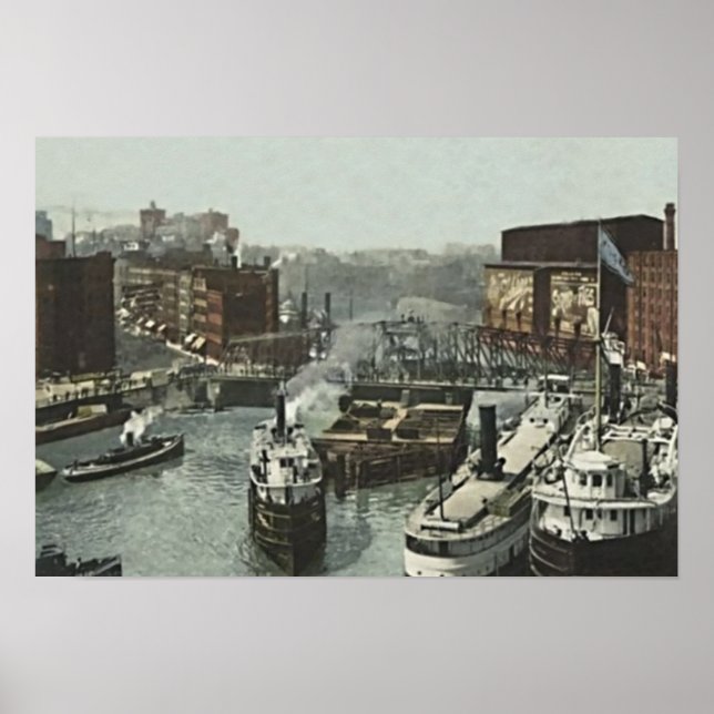 Chicago, Illinois Rush Street vid Chicago River Poster (Framsidan)