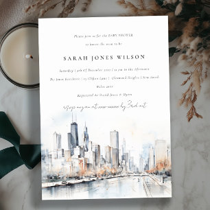 Chicago Illinois Scape Watercolor Baby Shower Inbjudningar