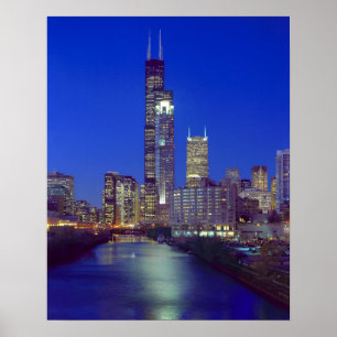 Chicago, Illinois, Silhuett av Chicago på natten Poster