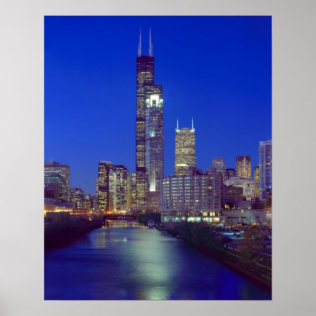 Chicago, Illinois, Silhuett av Chicago på natten Poster (Framsidan)