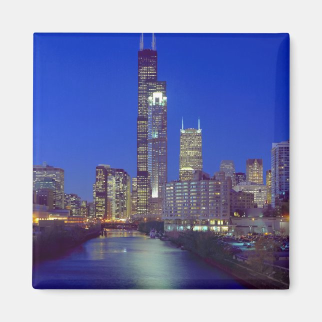 Chicago, Illinois, Silhuett av stan på natten med  Magnet (Framsidan)