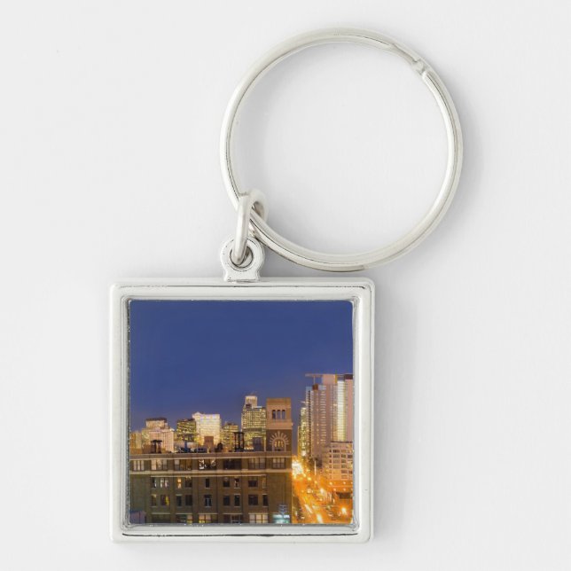 Chicago, Illinois, siluett fotograferad från West  Fyrkantig Silverfärgad Nyckelring (Framsidan)