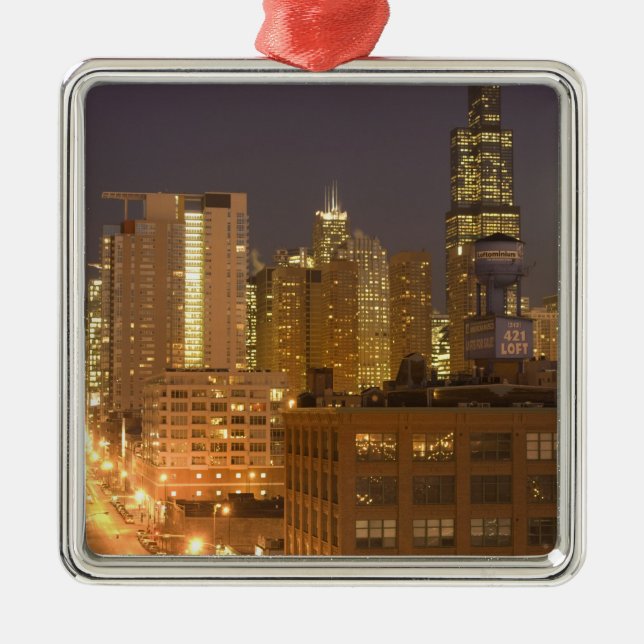 Chicago, Illinois, Siluett från West Loop vid Julgransprydnad Metall (Framsidan)