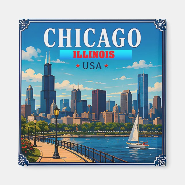 🌆 Chicago Illinois Siluett Minnesresa för Semeste Magnet (Framsidan)