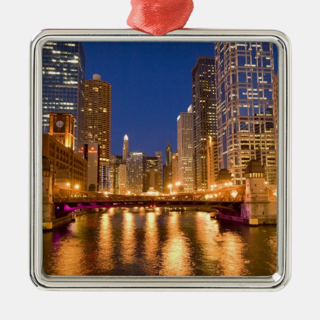 Chicago, Illinois, Siluett och Chicagofloden vid Julgransprydnad Metall (Framsidan)