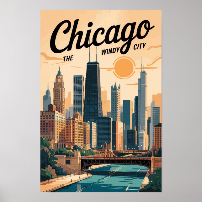 Chicago Illinois Siluett Resa Konst Vintage Poster (Framsidan)