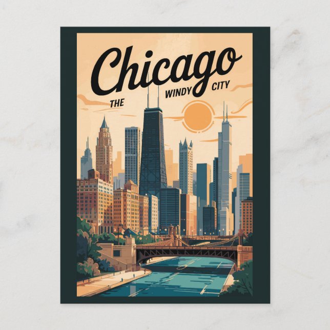 Chicago Illinois Siluett Resa Konst Vintage Vykort (Framsida)