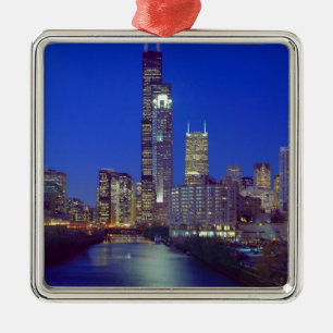 Chicago, Illinois, Siluett vid natt med Chicago Julgransprydnad Metall