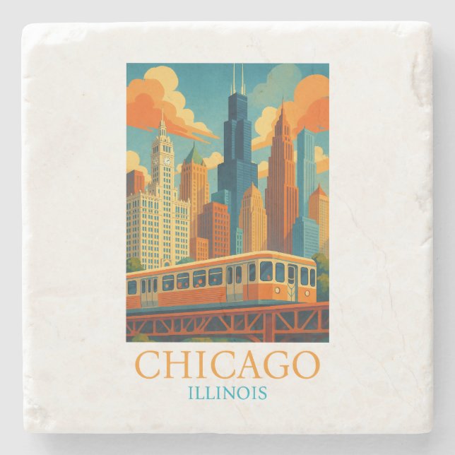 Chicago Illinois Siluett Vintage Konst Resa Stenunderlägg (Framsidan)