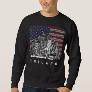 Chicago Illinois Skyline American Flagga Lång Ärmad Tröja