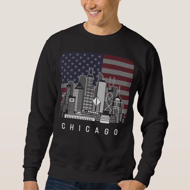 Chicago Illinois Skyline American Flagga Lång Ärmad Tröja (Framsida)