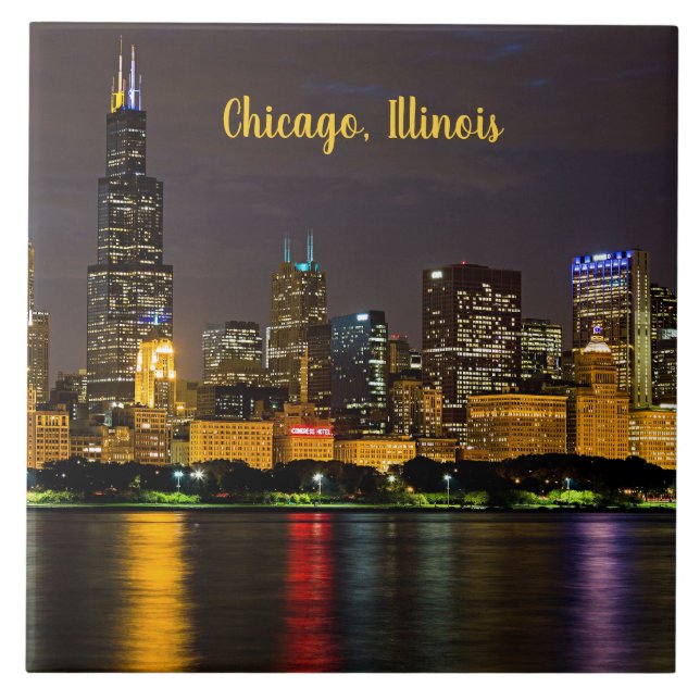 Chicago, Illinois Skyline på natten Kakelplatta (Framsidan)
