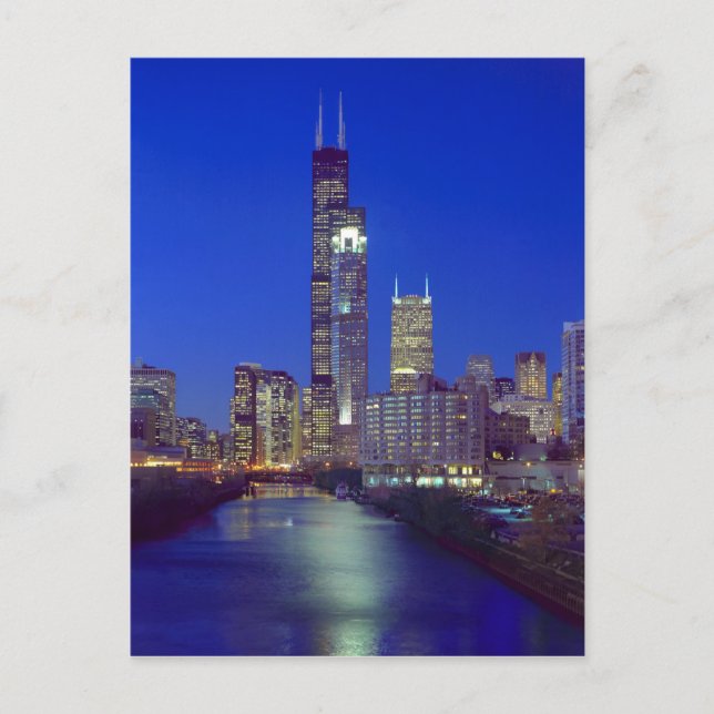 Chicago, Illinois, Skyline på natten med Chicago Vykort (Framsida)