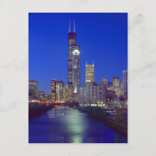 Chicago, Illinois, Skyline på natten med Chicago Vykort