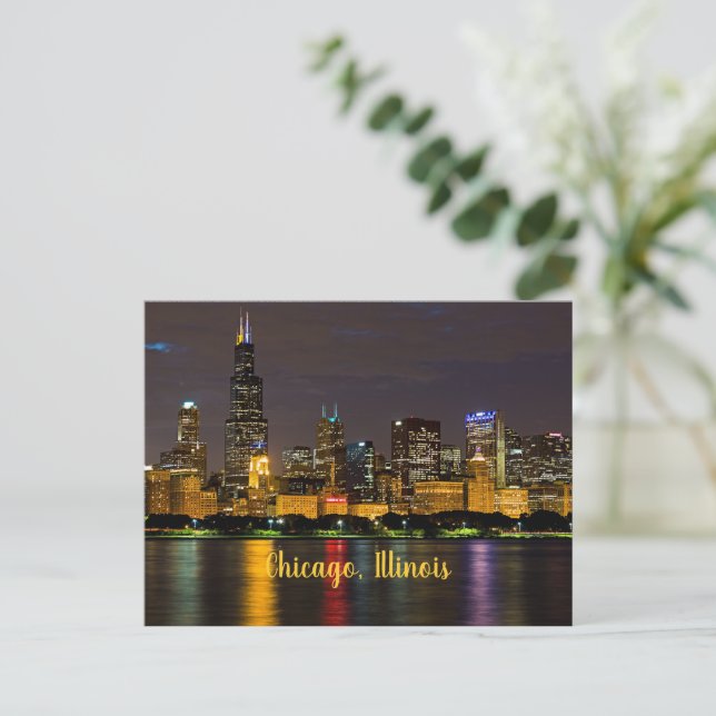 Chicago, Illinois Skyline på natten Vykort (Stående Fram)