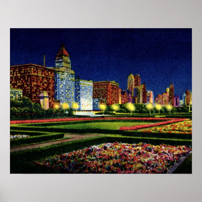 Chicago Illinois Skyline på Night Poster (Framsidan)
