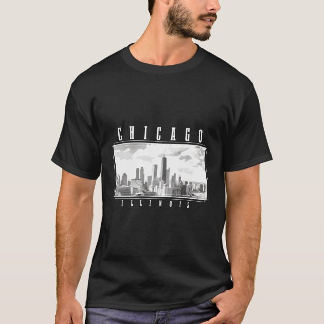 Chicago Illinois Skyline Pride Black White Chicago T Shirt (Framsida)