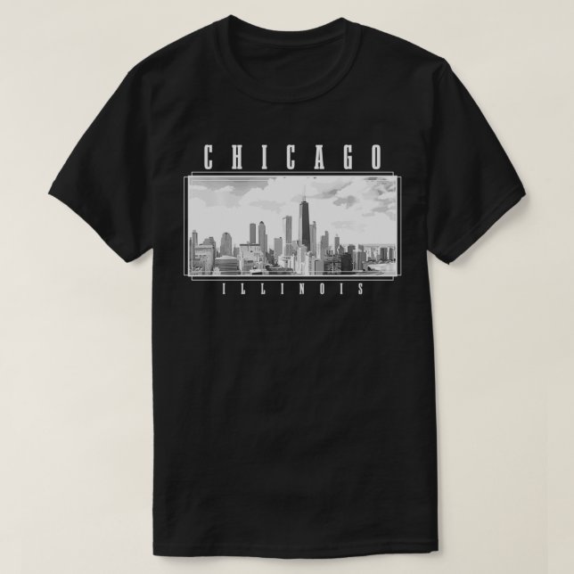 Chicago Illinois Skyline Pride Black & White Vinta T Shirt (Design framsida)