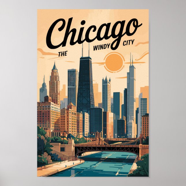 Chicago Illinois Skyline Travel Art Vintage Poster (Framsidan)