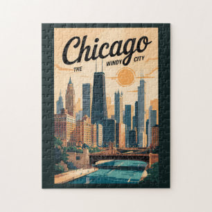Chicago Illinois Skyline Travel Art Vintage Pussel