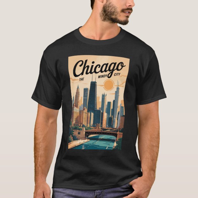 Chicago Illinois Skyline Travel Art Vintage T Shirt (Framsida)
